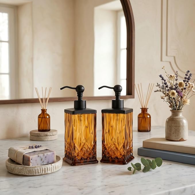 2 Pack 10Oz Glass Soap Dispenser with Matte Black Zinc Alloy Pump,Amber Square Textured Refillable Hand Soap Dispenser with Vertical Fluting for Lotion,Soap,Body Wash,Kitchen Bathroom Countertop Decor