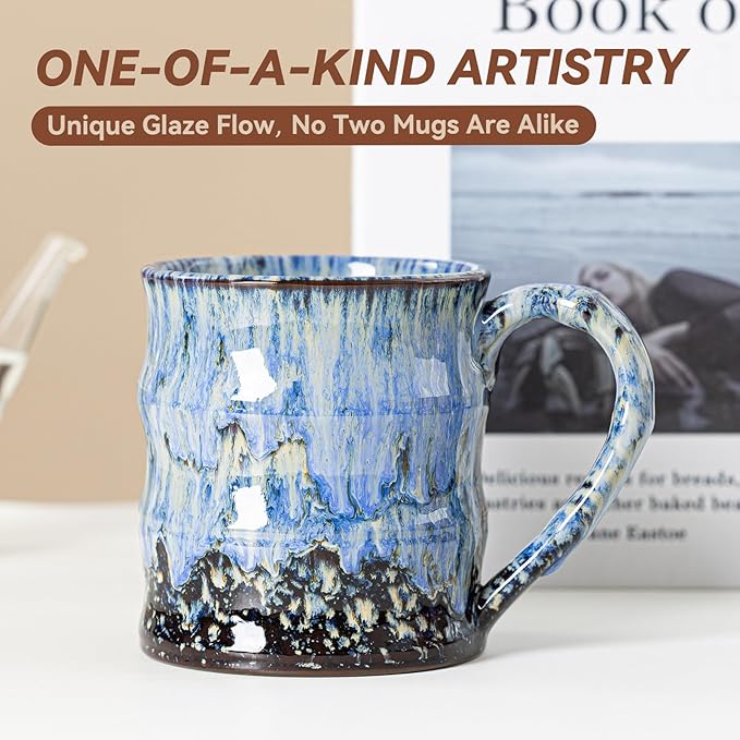 Unique Reactive Glaze Ceramic Coffee Mug - 15 oz Large Coffee Cup with Ergonomic Handle, Deep Sea Blue Ceramic Mug for Office & Home, Great Birthday Gift for Women, Men & Friends