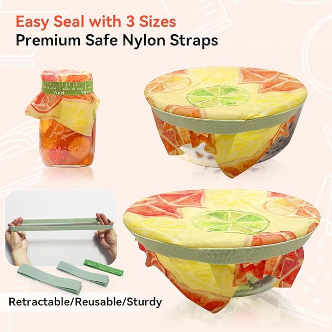 3-Pack Reusable Beeswax Food Wraps with Elastic Bands, Sustainable Bowl Covers for Bread Proofing & Food Storage, Eco-Friendly Sandwich & Cheese Wraps, Assorted Sizes (S, M, L)
