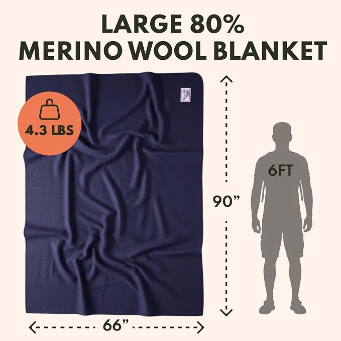 Woolly Mammoth Woolen Company Merino Wool Blanket, 66" x 90" Ocean | Temperature Regulating - Fire-Resistant - Warm Camping Blanket for Car Emergency Kits, Picnics, Summer Festivals and Stadiums