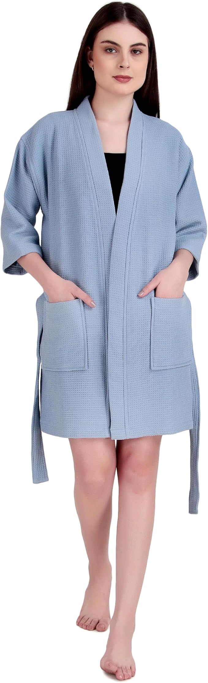 ALLEN & MATE 100% Cotton Women's Short Robe Dual Fabric Waffle Outside & Terry Towel Inside Kimono Bathrobe Medium Weight