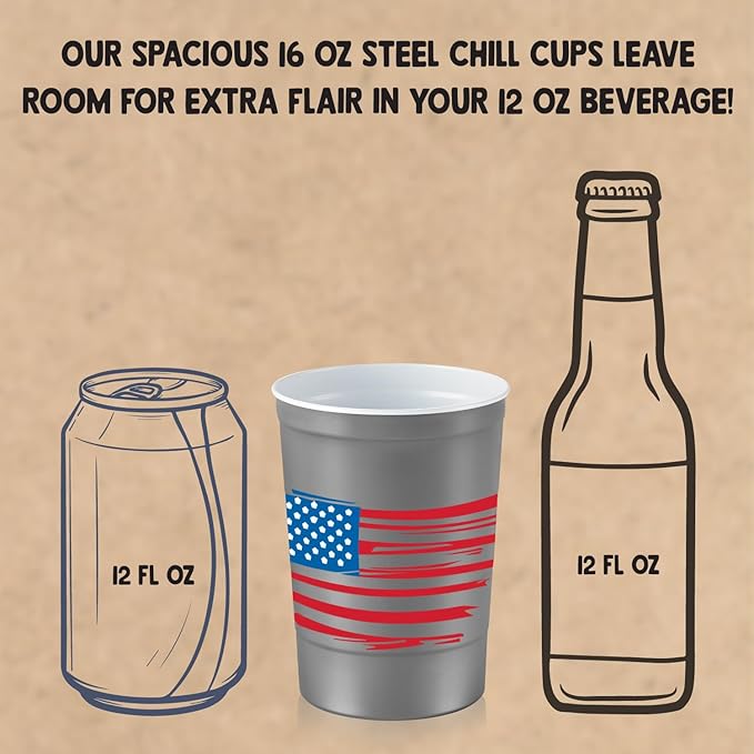 Steel Chill Cups 16 oz. Party Cup America the Beautiful Design for Cold Drinks, Durable, Disposable, Recyclable, Made in USA, Gray, 12 Count