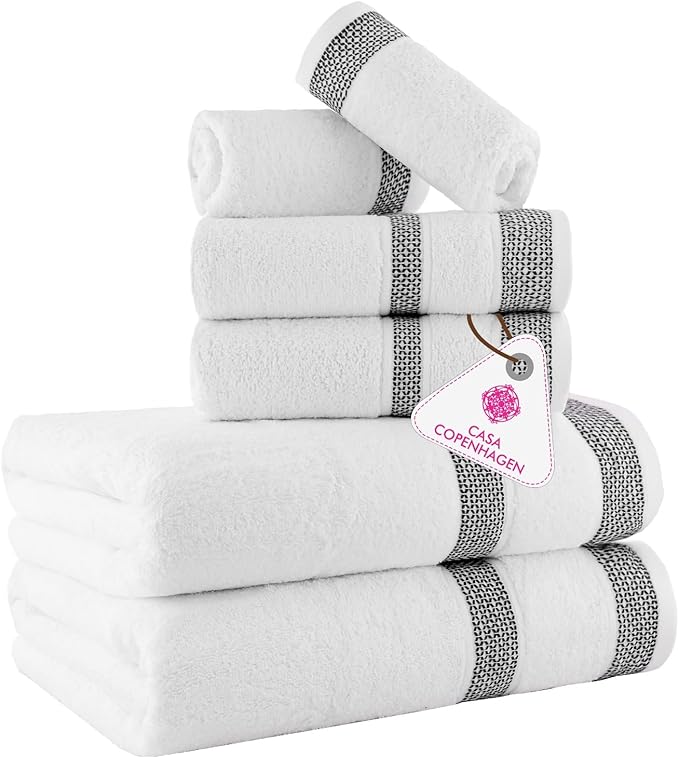 CASA COPENHAGEN Solitaire 6Pcs 100% Egyptian Cotton Large Designer Towels Gift Set- Chalk White, 600GSM, 2Bath 2Hand 2Washcloths, Bath Towels for Bathroom Set for Women & Men
