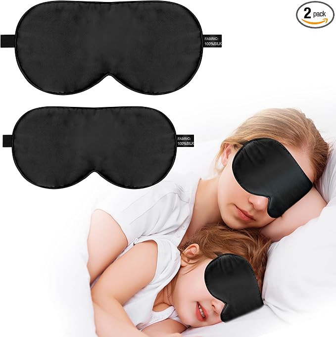 Silk Sleep Mask Eye Cover, 100% Real Natural Eye Mask for Sleeping with Adjustable Strap, 100% Silk Filling Blindfold, sleepmask for Kids/Teens/Adults, Sleeping Masks for Family (2 Black)