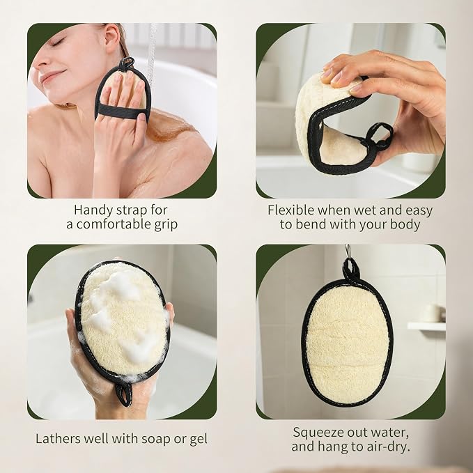 SAMEBUTECO Loofah Shower Scrubber Pads with Terry Cloth Backing, 4 Pack Black White