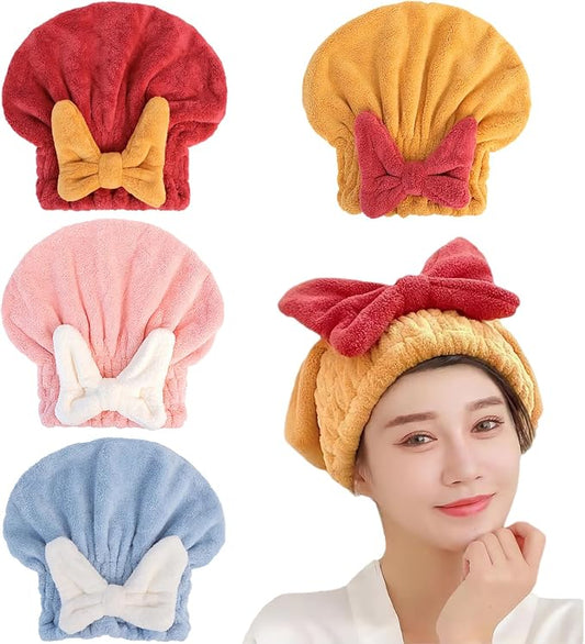Microfiber Hair Drying Caps for Women 4 Pack | Ultra Absorbent Hair Towels Wrap Turban,Microfiber Bath Towels Bow Shower Cap for Wet Hair,Great Hair Products Gift for Girls