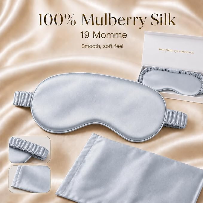 Silk Sleep Mask Light Blocking Luxury 19mm Silk Eye Mask 100% Mulberry Eye Cover Blindfold Ultra Soft Light and Comfy Anti Aging Skin Care with Travel Bag Gift Package