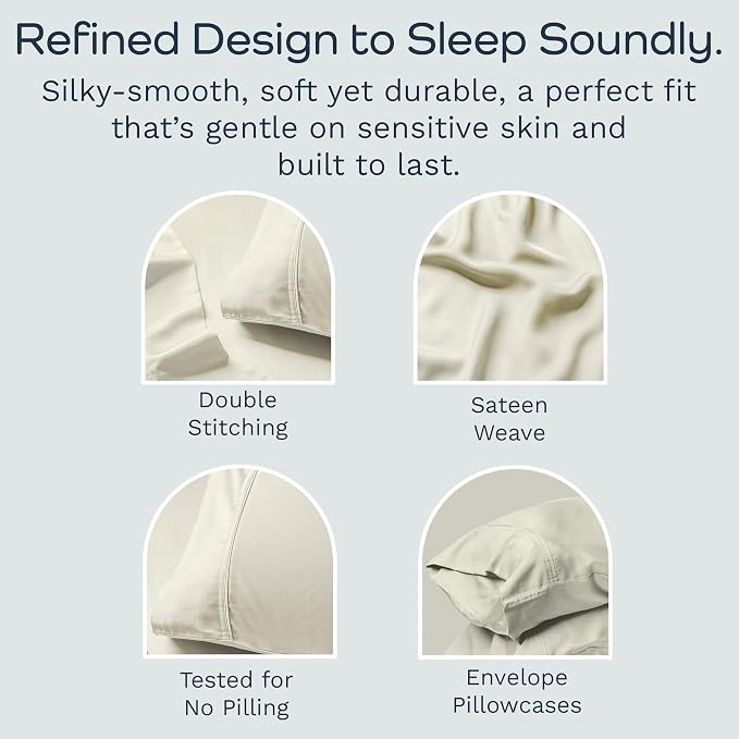 Olive + Crate Tencel Eucalyptus Pillowcases - 100% Tencel Lyocell Cooling Pillow Cases for Hot Sleepers - Hypoallergenic, Moisture-Wicking, Silk Alternative, Vegan - King Size Set of 2 [Ivory]