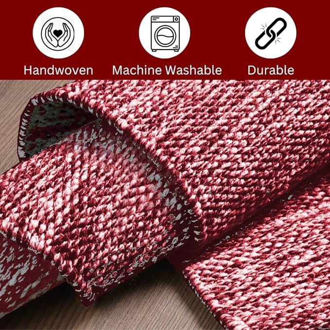 Hand Woven Area Rug 2x3 Feet - Rustic Farmhouse Bohemian Accent Rug for Living Room Bedroom Kitchen Entryway Floor Mats - Ideal for High Traffic Areas 100% Cotton Rag Rug Red