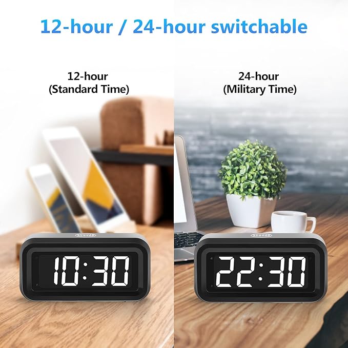 Digital Alarm Clock Battery Operated with LED Display for Bedrooms, Long Battery Life for 12 Months, 3 Brightness Adjustable, 12/24 Hour, Snooze, Black Case with White Digits