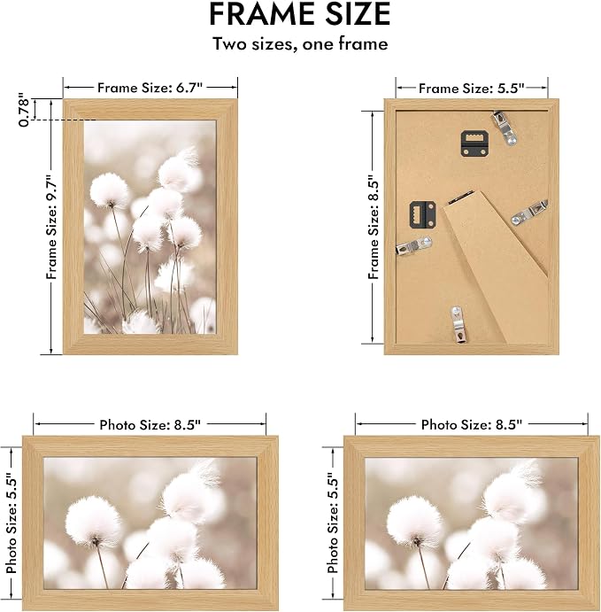 Hongkee 5.5x8.5 Oak Wood Picture Frame (1 Pack, Natural) Real Glass Cover | 5.5 x 8.5 Solid Wood Frame for Wall or Tabletop Display - Includes Easel Back, Vertical Hang - Ideal for Home, Office