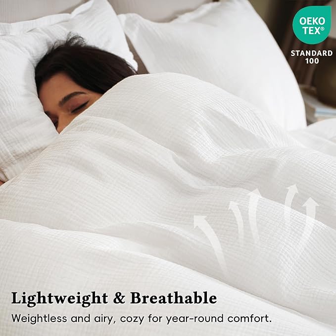 David's Home 100% Cotton Muslin Duvet Cover Set Twin Size,2 Pcs Ultra Soft Breathable & Lightweight Gauze Bedding Set with 1 Pillowcase,Textured Home Decor with Button, 68"×90" White,No Insert