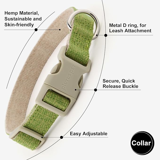 Plutus Pet Cotton Hemp Dog Collar and Leash Set, Adjustable Collar for Small, Medium, and Large Dogs, Heavy Duty and Soft on Skin, Green, XL
