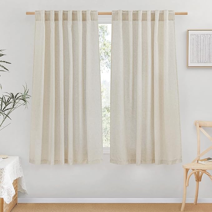 NICETOWN Natural Linen Curtains & Drapes 63 inch Length 2 Panels for Bedroom, Rustic Rod Pocket & Back Tab Semi Sheer Privacy Added Window Curtains Light Filtering for Farmhouse, 55" W x 63" L
