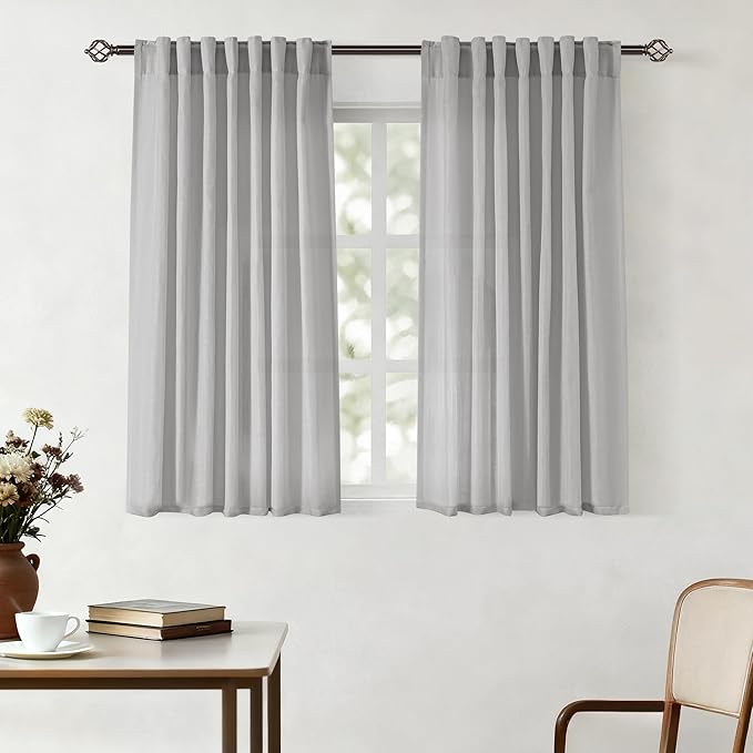 Linen Blend Grey Curtains for Living Room Back Tab Modern Farmhouse Semi Sheer Light Gray Curtains 45 inches Long 2 Panels Set Muted Neutral Cotton Texture Window Curtain for Dining Room Bedroom