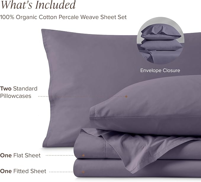 Bare Home 100% Organic Cotton Queen Sheet Set - Crisp Percale Weave - Lightweight & Breathable - Bedding Sheets & Pillowcases (Queen, Dusty Purple)