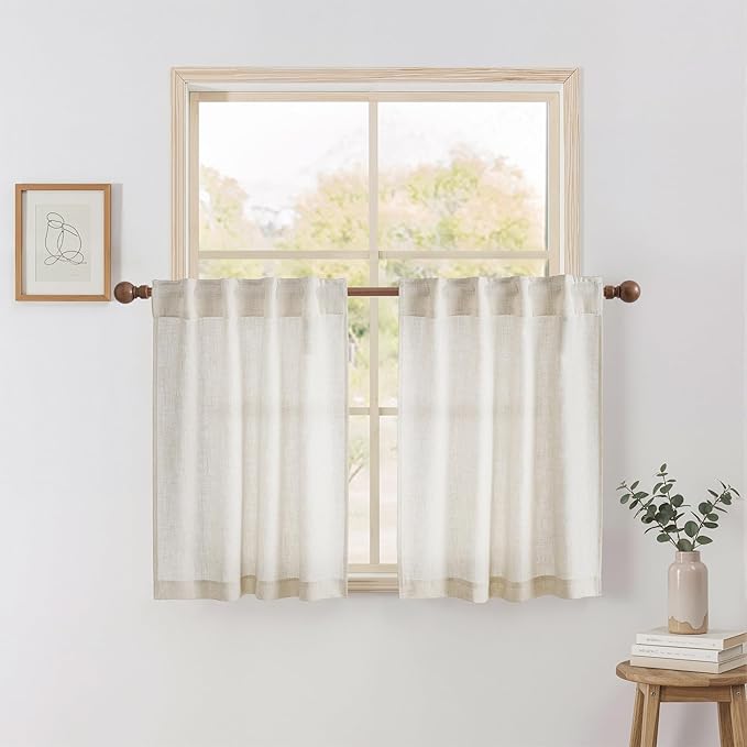 NICETOWN Linen Kitchen Curtains 36 Inch Length, Light Filtering Privacy Small Cafe Curtains 42" W, Linen Textured Elegant Short Window Treatments for Country Farmhouse Bedroom