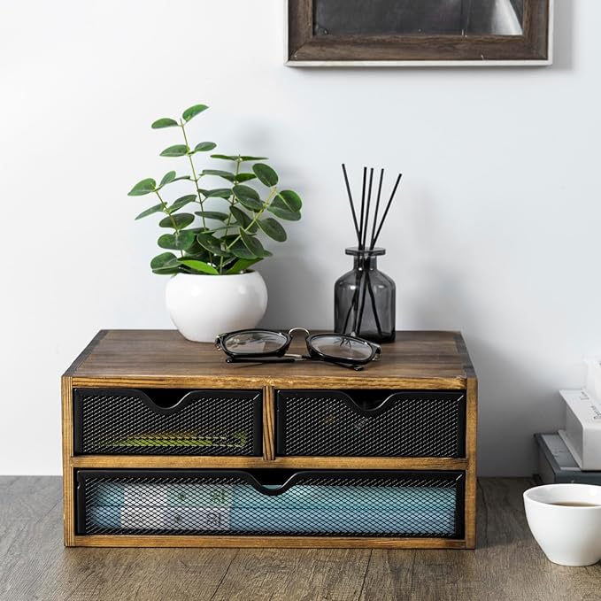 MyGift Rustic Burnt Brown Solid Wood Desktop Organizer Box with 3 Removable Black Metal Mesh Trays, Office Desk Supplies Storage Drawers for Accessories