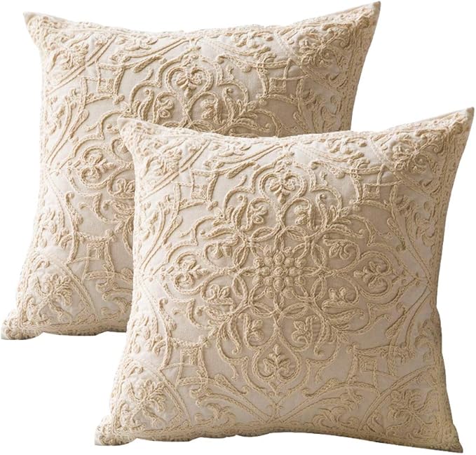 DOKOT Embroidery Throw Pillow Case Covers Square Cushion Cover 100% Cotton with Zipper for Home Decorative 20x20 inches(50x50cm) (Beige, 2 Pieces)