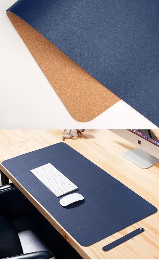 Ruby Lil Natural Cork & Leather Desk Writing Mat, Dual Use Desk Matt for Desktop,Multifunctional Office Desk Pad, PU Leather Mouse Pad,Navy,24"x 12"