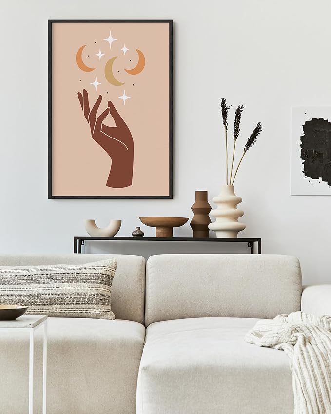 Mystical Hand Wall Art Celestial Moon and Stars Print Earth Tones Terracotta Mid Century Modern 24x36 Inch Oak Wood Black Framed Spiritual Decor for Bedroom