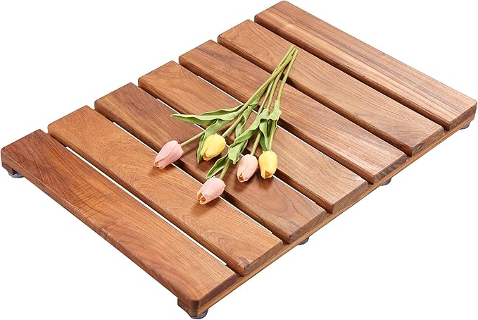 Natural Teak Wood Shower Bath Mat,23.43 * 16.73 Inches,Non-Slip Rubber Feet, Premium Wooden Floor Mats for Spa, Sauna, Pool and Hot Tub, Flooring Decor and Protector, Indoor and Outdoor Use