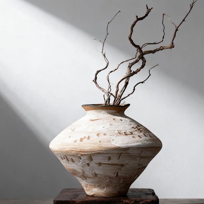 Wabi Sabi Vase 11.5" Rustic White and Brown Distressed Ceramic Vase, Wide Mouth Rustic Vintage Vases for Table Centerpieces, Farmhouse Home Decor for Living Room Entryway Shelf
