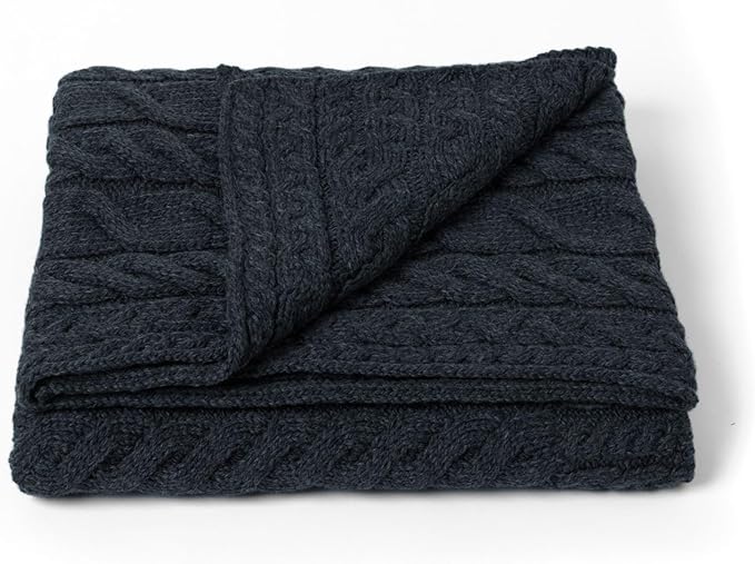Aran Woollen Mills Cable Throw Blanket, 100% Supersoft Merino Wool, Made in Ireland, Silver Strand, Charcoal, 40" x 60"
