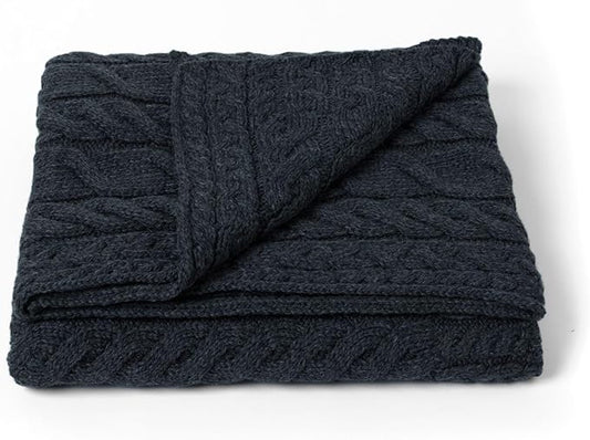Aran Woollen Mills Cable Throw Blanket, 100% Supersoft Merino Wool, Made in Ireland, Silver Strand, Charcoal, 40" x 60"