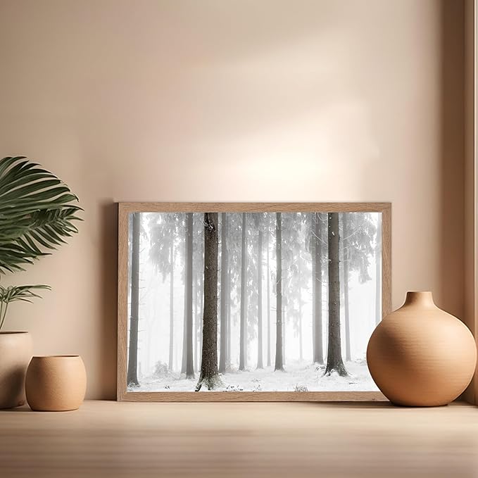 Monem Art Foggy Winter Forest Photography Print - Minimalist Snowy Landscape Poster - Wall Decor for Living Room, Bedroom or Office - 16x20 Beige Framed Wall Art by Mareike Bohmer