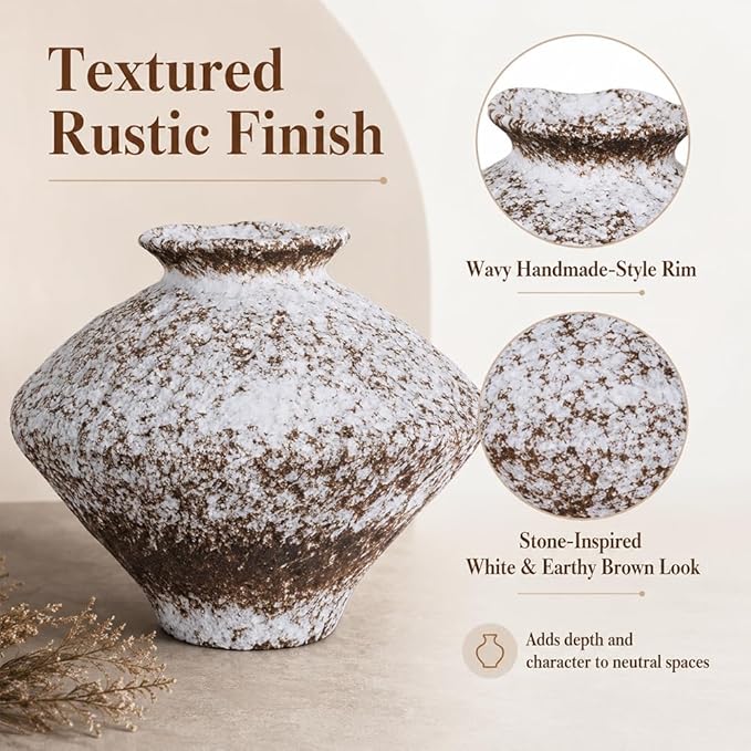 Large Wabi Sabi White Vintage Ceramic Vase, 10.6" Rustic Pottery Vase for Centerpieces, Textured Decorative Flower Vases for Table, Living Room, Bedroom, Bathroom, Kitchen, Farmhouse Home Decor Gifts