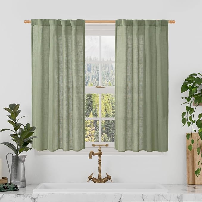LAMIT Semi Sheer Linen Curtains 40 Inch Length for Cafe, Light Filtering Panels Back Tab and Rod Pocket Neutral Drapes for Bathroom/Kitchen, 25 x 40 Inch, Sage Green, 2 Panels