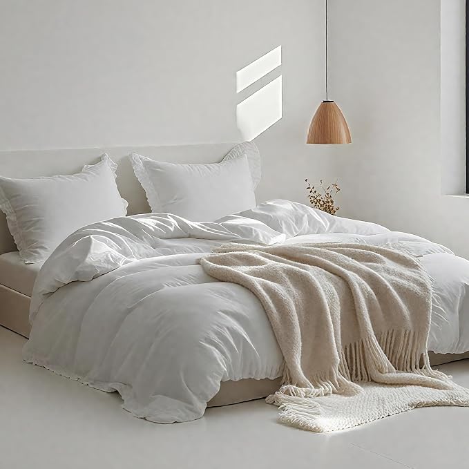 Simple&Opulence 100% Linen Duvet Cover Set, 3 PCS Natural French Flax White Ruffle Duvet Cover Full Size, Breathable Comfy Linen Bedding Comforter Cover with 2 Pillowcases (White, 78" X 86")