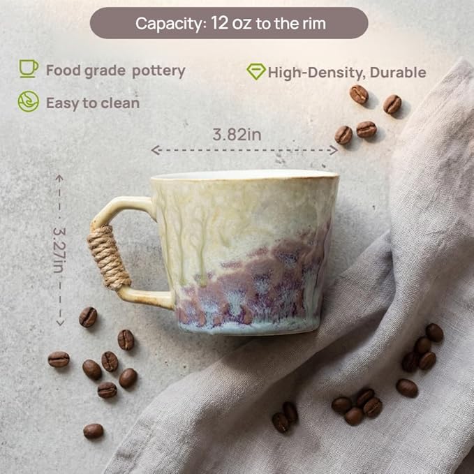 10oz Retro Vintage Japanese Style Handmade Ceramic Tea Cup with Handle, Lead-Free Reactive Glaze Artisanal Coffee Mug, Handmade Pottery Tea Mug for office and home,for Latte and Cappuccino,Purple