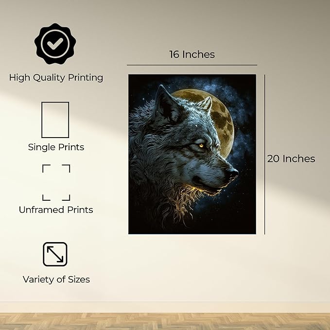 InkFlow Posters Wolf Poster - Majestic Wolf Under Full Moon - Nighttime Wildlife Art for Living Room, Bedroom, Home - Mystical Forest Graphic Print - 16x20 Unframed Canvas Print