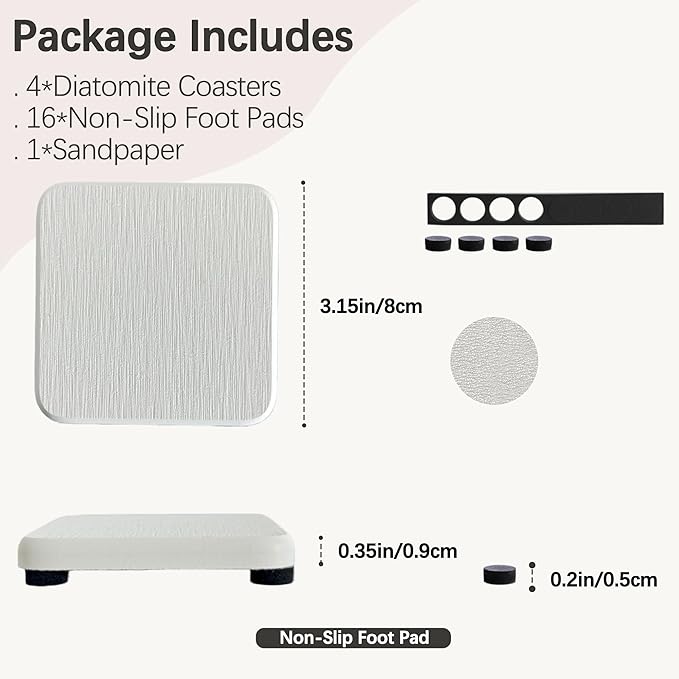 NiuYichee 4PCS Water Absorbent Stone Coasters for Sink, Quick-Drying Diatomite Soap Dish, Modern Home Kitchen & Bathroom, 3.15 x 3.15in, White