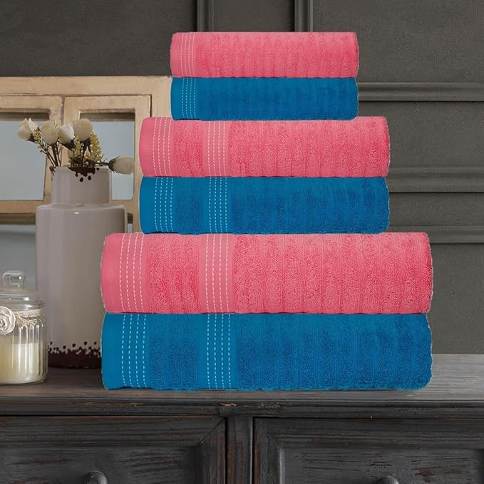 CASA COPENHAGEN Elegance 6Pcs 100% Egyptian Cotton Large Designer Towels Gift Set- Cyan-Pink, 550GSM, 2Bath 2Hand 2Washcloths, Bath Towels for Bathroom Set for Women & Men