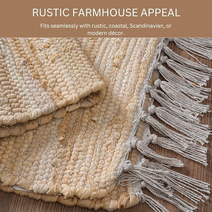 Cotton Chindi Rug - Boho Rustic Area Accent Throw Rug - Area Floor Carpet for Bedroom Living Room Kitchen Dorm Entryway Hallway - 20x32 inch Hand Woven Reversible Area Rug Beige Multi