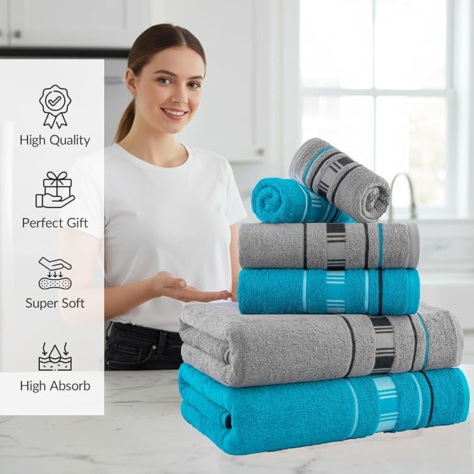 CASA COPENHAGEN X Line 6Pcs 100% Egyptian Cotton Large Designer Towels Gift Set- Silver Grey - Teal, 600 GSM, 2Bath 2Hand 2Washcloths, Bath Towels for Bathroom (Gift Set for Women & Men)