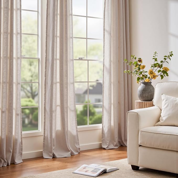 jinchan Linen Curtain 96 Inches Long for Sliding Glass Door, Extra Wide 100 Inch Farmhouse Semi Sheer Ceiling Curtain Living Room Light Filtering Grommet Farmhouse Rustic Taupe Drape, 100"x96" 1 Panel