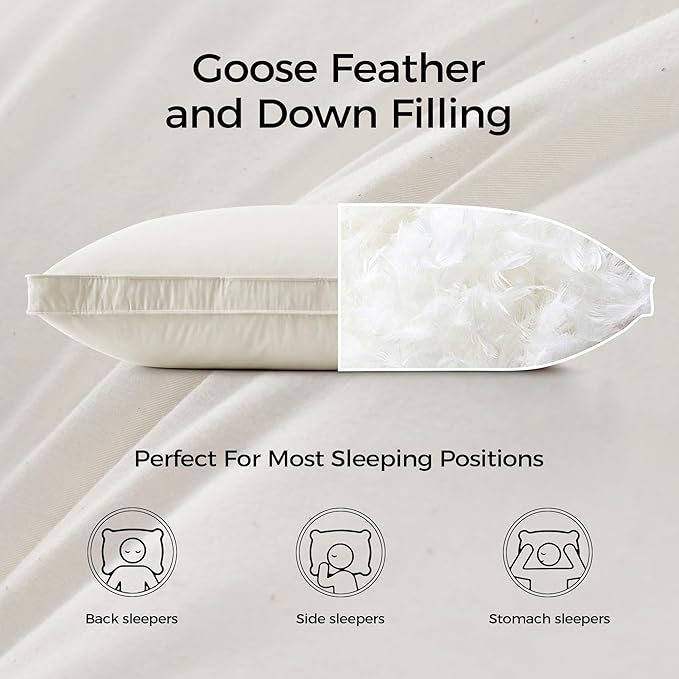 puredown® Gusseted Goose Feather Down Pillows, 100% Organic Cotton Cover, Luxury Hotel Collection Bed Pillows for Sleeping Set of 2, Queen Size