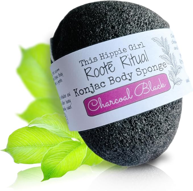 Roote Ritual Konjac Body Sponge – 100% Natural Exfoliating Shower Sponge for Sensitive Skin – Gently Deep Cleanses & Softens, Earth-Friendly, Biodegradable, Vegan – for Women, Men (Charcoal Black)