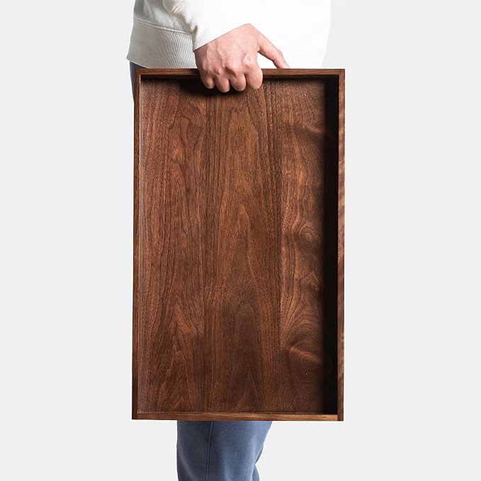20"x12" Wooden Ottoman Tray with Handle FSC Natural Handmade Rectangle Black Walnut Serving Tray Vintage Decorative Platters for Oversized Ottoman Kitchen