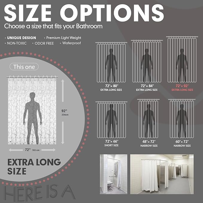 Extra Long 3D Pebble Pattern Waterproof Shower Curtain Liner EVA Shower Curtain with 3 Bottom Magnets, Shower Liner for Shower Stall, Bathtubs, 72 x 92