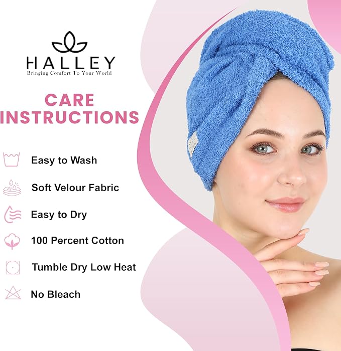 HALLEY Cotton Hair Towel Wrap (3 Packs) Super Absorbent Fast Drying Hair Towel for Thick Hair Turbans for Wet Hair with Button (Blue)