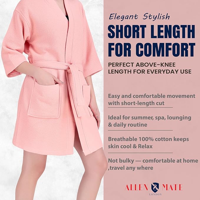 ALLEN & MATE 100% Cotton Women's Short Robe Dual Fabric Waffle Outside & Terry Towel Inside Kimono Bathrobe Medium Weight