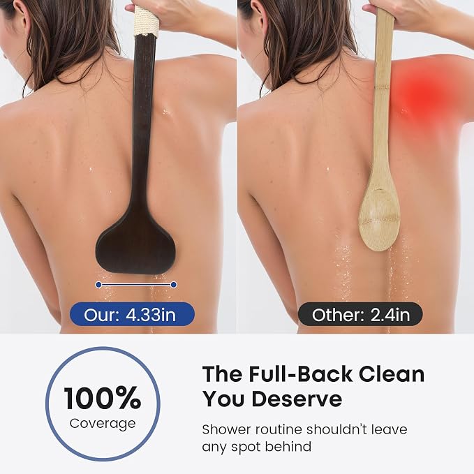 eaxun Bamboo Back Scrubber with Curved Long Handle, 17.3 Inches Exfoliating Shower Brush with Stiff Bristles for Men and Women, Back Washer Body Exfoliator for Bath or Dry Brushing