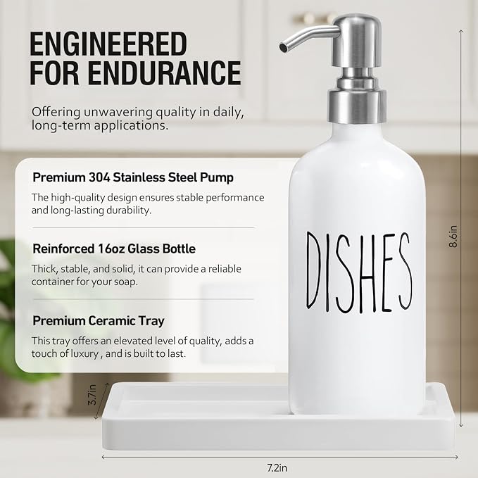 MOMEEMO White Soap Dispenser Kitchen Set, Contains Hand Soap Dispenser and Dish Soap Dispenser with Ceramic Tray, Suitable for Modern Farmhouse Decor. (White)