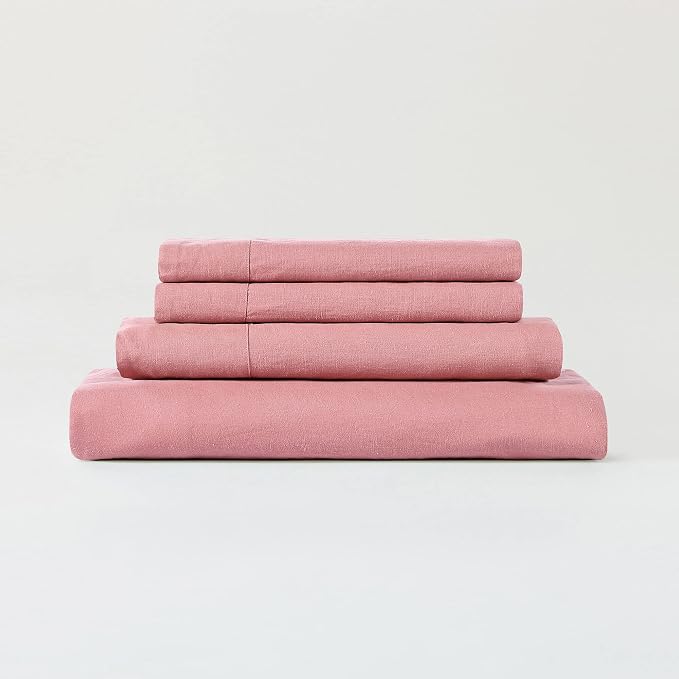 Sijo Stone Washed Organic French Linen Bed Sheet Set, GOTS Certified Organic, Best Cooling Linen Sheet Award by Sleep Foundation, 4 Piece - 2 Pillowcases, 1 Fitted and 1 Flat (Pink Clay, Cal King)