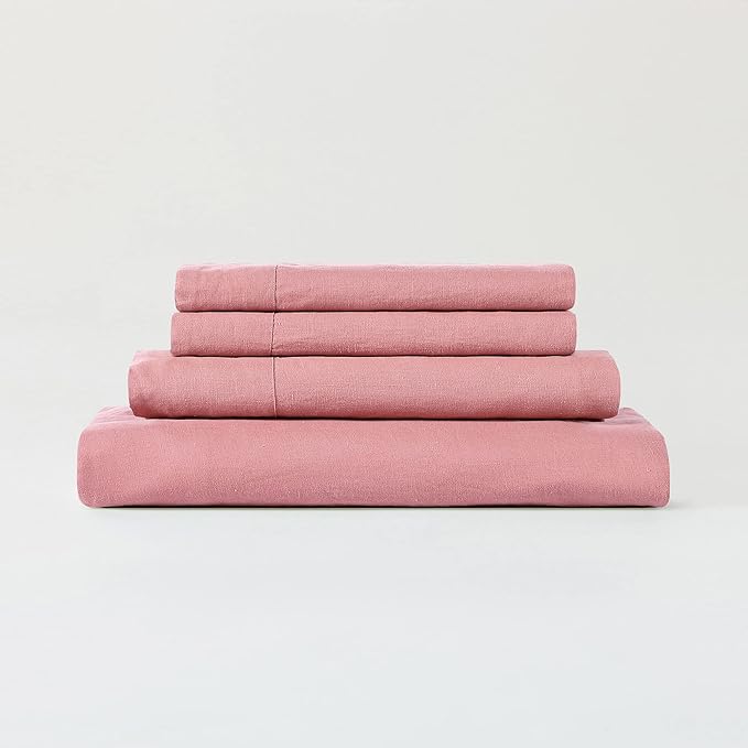 Sijo Stone Washed Organic French Linen Bed Sheet Set, GOTS Certified Organic, Best Cooling Linen Sheet Award by Sleep Foundation, 3 Piece - 2 Pillowcases and 1 Fitted Sheet (Pink Clay, Cal King)